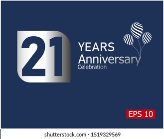 21 years anniversary celebration logotype with silver color isolated on blue background