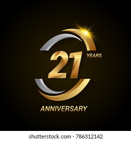  21 Years Anniversary Celebration Logotype. Golden Elegant Vector Illustration with Swoosh, Isolated on Black Background can be use for Celebration, Invitation, and Greeting card