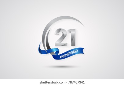 21 Years Anniversary Celebration Logotype. Silver Elegant Vector Illustration  with Swoosh,  Isolated on white Background can be use for Celebration, Invitation, and Greeting card