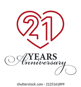 21 Years Anniversary Celebration Number Thirteen Bounded By A Loving Heart Red Modern Love Line Design Logo Icon White Background