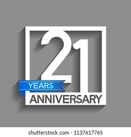 21 years anniversary celebration square style blue ribbon isolated on gray background