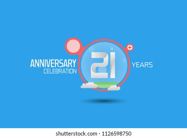 21 years anniversary design with pop art style red circle and cloud isolated on blue background