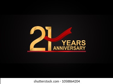 21 years anniversary design with red ribbon and golden color isolated on black background