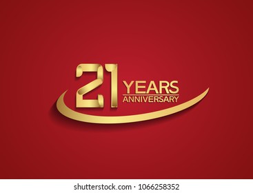 21 years anniversary design with swoosh golden color isolated on red background for celebration
