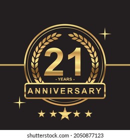 21 years anniversary golden color with circle ring and stars isolated on black background for anniversary celebration event luxury gold premium vector
