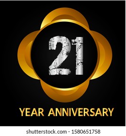 21 years anniversary golden and silver color with circle ring isolated on black background for anniversary celebration event