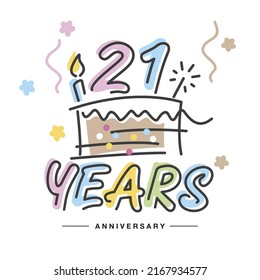 21 Years Anniversary handwritten typography lettering Greeting card with colorful big cake, sparkle firework, number, candle and confetti svg