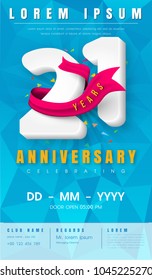 21 years anniversary invitation card or emblem - celebration template design , 21st anniversary modern design elements with  background polygon and pink ribbon - vector illustration.
