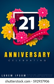 21 years anniversary invitation card - celebration template design , 21st anniversary with flowers and modern design elements, dark blue background - vector illustration