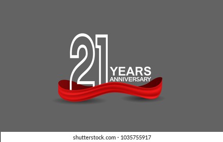 21 years anniversary line style white color with red color ribbon isolated on dark grey background