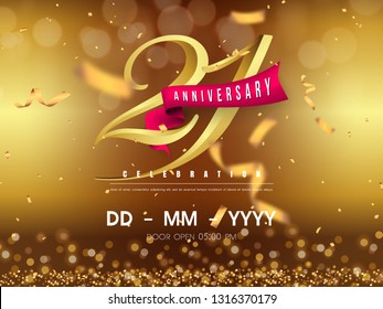 21 years anniversary logo template on gold background. 21st celebrating golden numbers with red ribbon vector and confetti isolated design elements