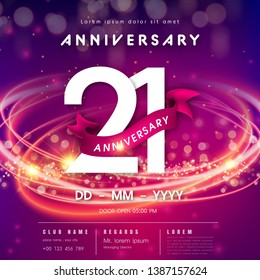 21 years anniversary logo template on purple Abstract futuristic space background. 21st modern technology design celebrating numbers with Hi-tech network digital technology concept design elements.