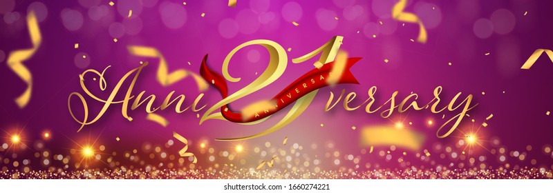 21 years anniversary logo template on gold and purple background. 21st celebrating golden numbers with red ribbon vector and confetti isolated design elements