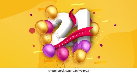 21 years anniversary logo template design on yellow background and balloons. 21st anniversary celebration background with red ribbon and balloons. Party poster, brochure template. Vector illustration. svg