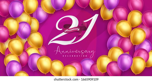 21 years anniversary logo template design on pink background and balloons. 21st anniversary celebration background with pink ribbon and balloons. Party poster or brochure template. Vector illustration