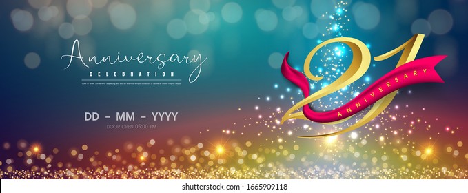 21 years anniversary logo template on gold and blue background. 21st celebrating golden numbers with red ribbon vector and confetti isolated design elements