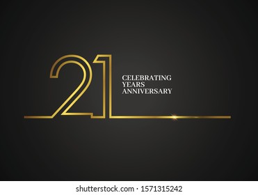 21 Years Anniversary logotype with golden colored font numbers made of one connected line, isolated on black background for company celebration event, birthday - Vector