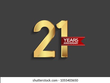 21 years anniversary simple design with golden color and red ribbon isolated on black background for celebration event