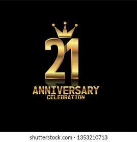 21 years anniversary simple design with golden font and crown with reflection golden number. Elegant, simple, and luxury design. Design with shadow or reflection under number
