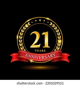 21 Years Anniversary template design, with shiny ring and red ribbon, laurel wreath isolated on black background, logo vector