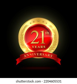 21 Years Anniversary template design, with shiny ring and red ribbon, laurel wreath isolated on black background, logo vector