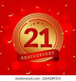 21 years anniversary. Anniversary template design concept with gold and red colors , design for event, invitation card, greeting card, banner, poster, flyer, book cover and print. Vector Eps10