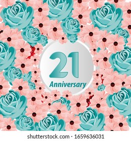 21 Years anniversary. Vector design greeting card with decorative floral for celebration