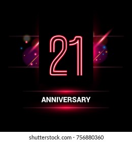 21 Years Anniversary vector logo design using neon style with flare ornament isolated on dark background