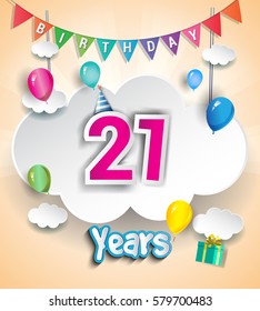 21 Years Birthday Design for greeting cards and poster, with clouds and gift box, balloons. using Paper Art Design Style. vector elements for anniversary celebration.
