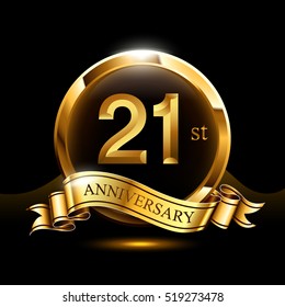 21 years golden anniversary logo celebration with ring and ribbon.