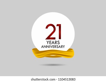 21 years red anniversary vector design inside white circle with golden ribbon for celebration event 
