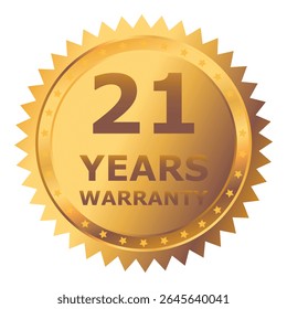 21 Years warranty label, badge, icon, logo. Golden twenty one years warranty round sticker isolated on white background. Vector illustration
