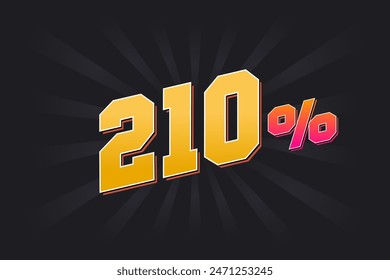 210% discount banner with dark background and yellow text. 210 percent sales promotional design.