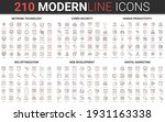 210 modern red black thin line icons set of digital marketing, human productivity, network technology, cyber security, SEO optimization, web development collection vector illustration.