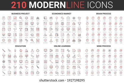 210 modern red black thin line icons set of education, online learning, mind process, business project, economics market, brain process collection vector illustration.