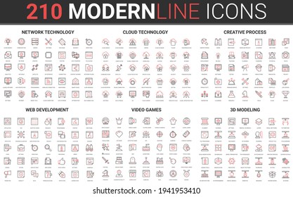 210 modern red black thin line icons set of web development, video games, 3d modeling, network technology, cloud data technology, creative process collection vector illustration