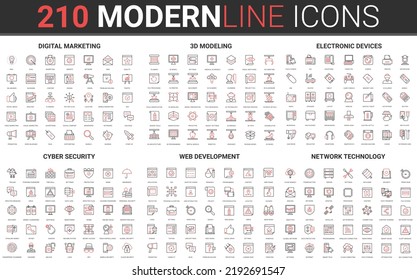 210 moderne rote, schwarze dünne Linie Symbole Set aus Cyber-Sicherheit, Netzwerk-Technologie, Web-Entwicklung, digitales Marketing, elektronische Geräte, 3D-Modellierung Sammlung Vektorgrafik.