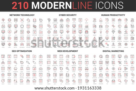 210 modern red black thin line icons set of digital marketing, human productivity, network technology, cyber security, SEO optimization, web development collection vector illustration.