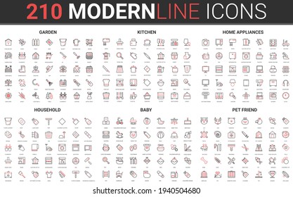 210 red black thin line household modern icon set of home appliance for kitchen housework, kitchenware, furniture tools for garden work and baby toys, pet accessories symbols vector illustration.