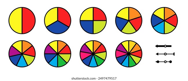 2-10 section Blank Spinning Wheel Template colourful set. Clipart image isolated on white background