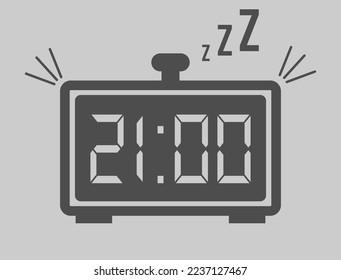 21:00 hours digital alarm clock. Vector with alarm clock marking time. Design for telling time with sleep icon