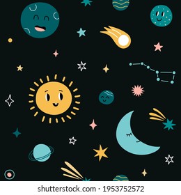 2101.i010.n007.F.c6.1308103507.Cute childish pattern. Seamless baby print with Sun Moon stars clouds and planets. Vector texture for kids t-shirts