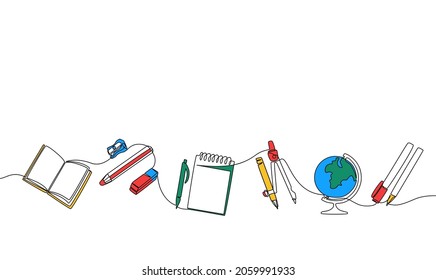 2109.m01.i010.n007.F.c07.1909449115 Continuous line stationery. Linear book pencil notepad compass globe and pen in row. Vector monoline school supplies