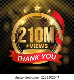 210M+ Vistas Logotipo con oro y confeti rojo aislado en fondo negro (PNG), diseño vectorial para la celebración de la pantalla de vídeo.