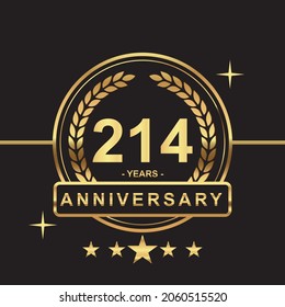 214 years anniversary golden color with circle ring and stars isolated on black background for anniversary celebration event luxury gold premium vector