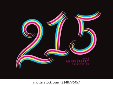 215 number design vector, graphic t shirt, 215 years anniversary celebration logotype colorful line, 215th birthday logo, Banner template, logo number elements for invitation card, poster, t-shirt.