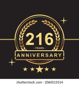 216 years anniversary golden color with circle ring and stars isolated on black background for anniversary celebration event luxury gold premium vector