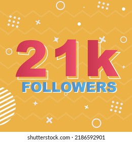 21k Followers Card Celebration Vector. 21000 Followers Congratulation Post Social Media Template. Modern colourful design.