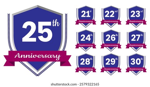 21st, 22nd, 23rd, 24th, 25th, 26th, 27th, 28th, 29th, 30th Anniversary. Anniversary sign collection isolated on white background. Vector illustration EPS 10 File.