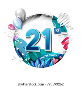 21st anniversary background with balloon and confetti on white. 3D paper style illustration. Poster or brochure template. Vector illustration.